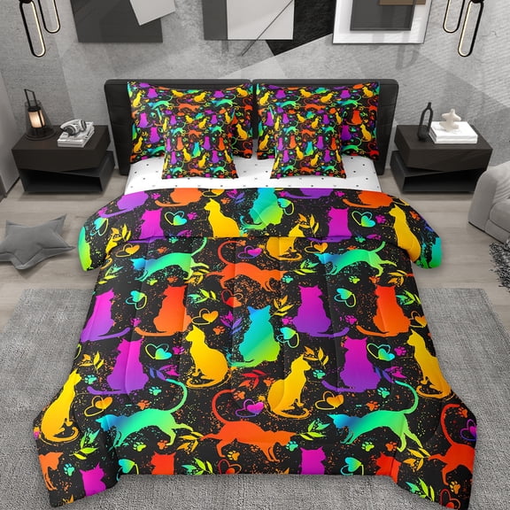 Erosebridal Colorful Neon Cat Bedding Queen Size,Pet Animal Comforter Sets with Sheets,Paws Kitten Lover Bedding Sets Queen Size For Teens,Microfiber Bedroom Decor,7-Piece