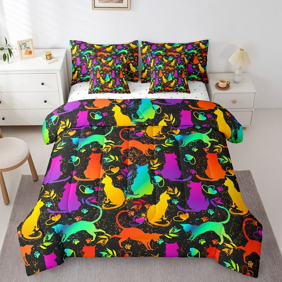 Erosebridal Colorful Neon Cat Bedding Sets Twin Size,Pet Animal Comforter Sets with Sheets,Paws Kitten Lover Bed in a Bag Twin Size For Teens,Microfiber Bedroom Decor,7-Piece