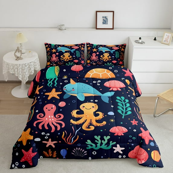Erosebridal Colorful Octopus Comforter Sets Queen Size, Blue Whale Comforters & Duvets, Marine Coral Reversible Duvet Insert, Microfiber Bedroom Decoration, 3pcs