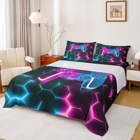 Erosebridal Colorful Ombre Gamepad Full Size Sheets,Modern Gamer Gaming Bed Sheets For Kids Boys 4pcs
