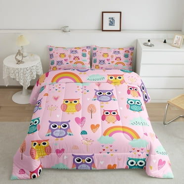 Erosebridal Colorful Owl Comforter Sets, Kawaii Rainbow Comforters & Duvets, Cartoon Animal Reversible Duvet Insert, Super Cozy Bedroom Decor, 2pcs