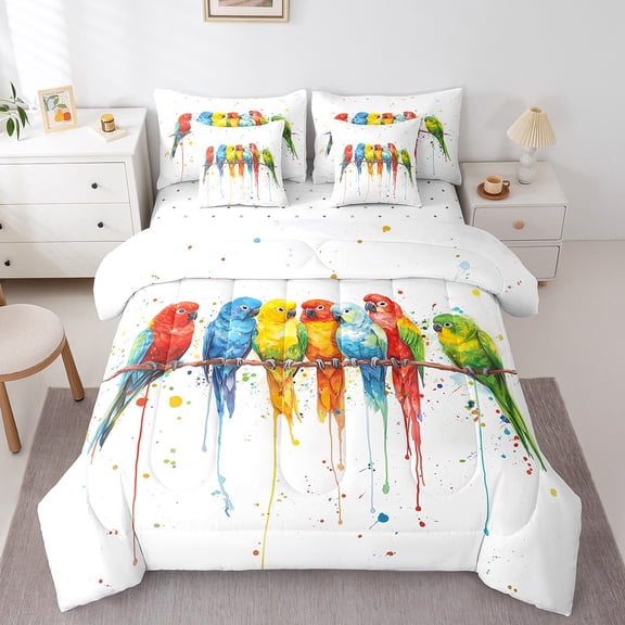 Erosebridal Colorful Parrot Bedding Sets Full Size, Watercolor Comforter Sets with Sheets, Kawaii Animal Reversible Bedding Full Size, Microfiber Room Decoration, 7 Pieces