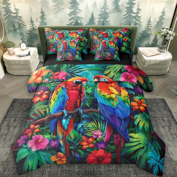 Erosebridal Colorful Parrot Bedding Sets Twin Size,Tropical Botanical Palm Comforter Sets with Sheets,Chic Flower Bed in a Bag Twin Size,Microfiber Bedroom Decoration Reversible,7-Piece