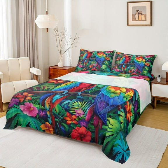 Erosebridal Colorful Parrot Sheet Set King,Tropical Botanical Palm Bedding Sets King Size,Chic Flower King Sheet Sets,Microfiber Bedroom Decoration,4-Piece