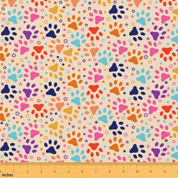 Erosebridal Colorful Paw Print Fabric by the Yard 5 Yards, Flower Star Pet Fabric for Sewing
