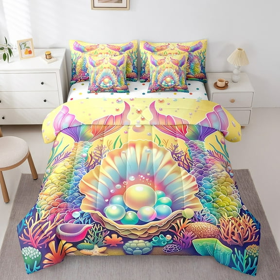 Erosebridal Colorful Pearl Bedding King Size, Mermaid Tail Bedding Sets King Size, Ocean Seashell Decor, Reversible 7-Piece