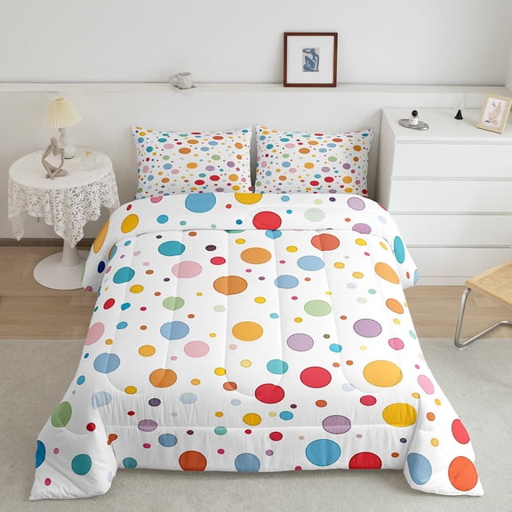 Erosebridal Colorful Polkadot Bedding Sets Full with Comforter, Kawaii Dots Duvet Insert, Cartoon Style Decor, Breathable 3pcs