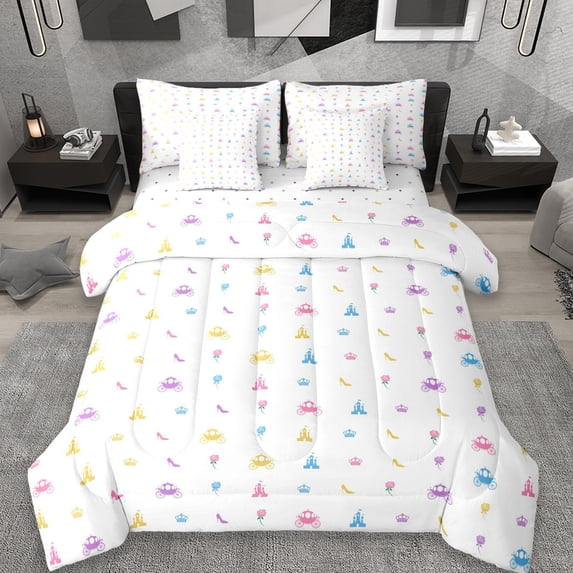 Erosebridal Colorful Princess Castle 7-Piece Twin Bedding Sets,Multicolor Kawaii Carriage Bedding Comforter Set For Girly,Reversible