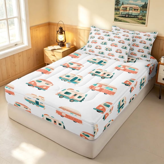 Erosebridal Colorful RV Camper Zipper Queen Comforter Set with Fitted Sheet and 2 Pillowcases, Happy Camping Zipper Bedding Set, Polka Dots Reversible