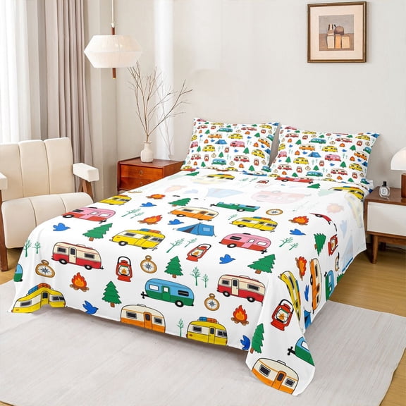 Erosebridal Colorful RV Car Queen Sheet Sets, Tent Campfire Bed Set for Boys and Girls, 4-Piece