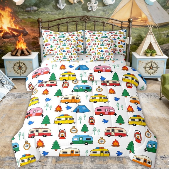 Erosebridal Colorful RV Car Twin Bedding Sets, Tent Campfire Bedding Comforter Set for Boys and Girls, 7-Piece