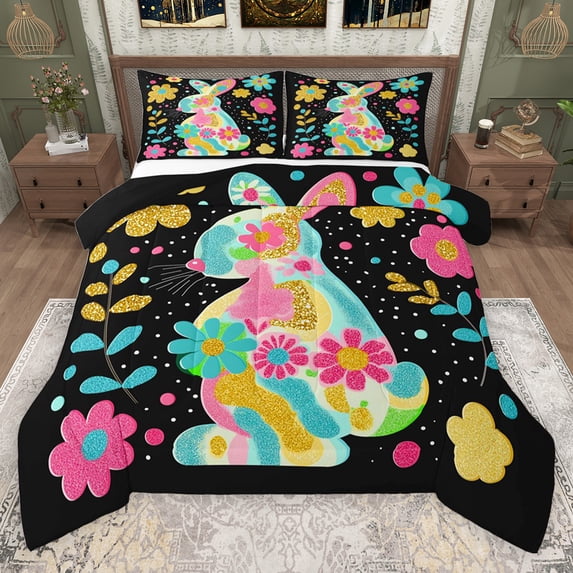 Erosebridal Colorful Rabbit Queen Comforter Set for Kids, Groovy Daisy Floral Bedding Comforter Set, Black Reversible, 3pcs
