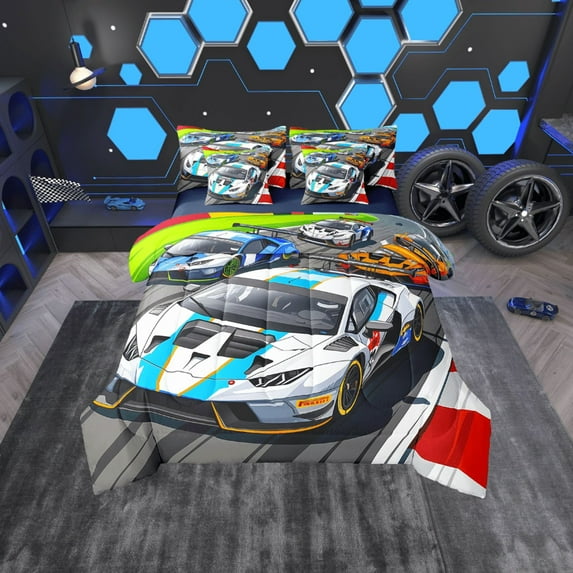 Erosebridal Colorful Racing Car Bedding Sets Twin Size,Game Competition Comforter Sets with Sheets,Fashion Graffiti Bed in a Bag Twin Size For Teenager,Microfiber Bedroom Decor Reversible,7-Piece