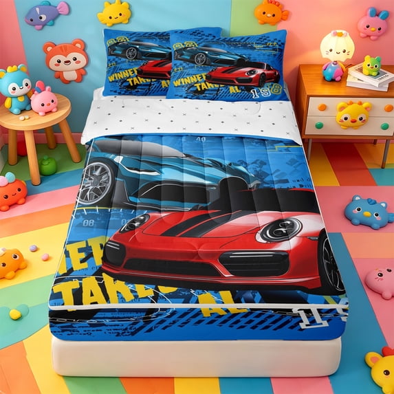 Erosebridal Colorful Racing Car Zipper Full Size Comforter Sets with Fitted Sheet and 2 Pillowcases,Extreme Speed Games Zipper Bedding Set For Boys,Reversible,4 Pieces