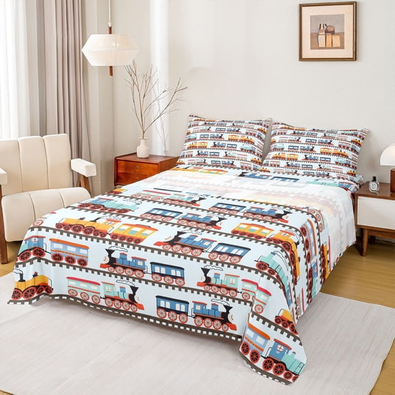Erosebridal Colorful Railway Car Bed Sheets 4pcs For Boys,Kids Cartoon Railroad Train King Sheets,Blue Yellow
