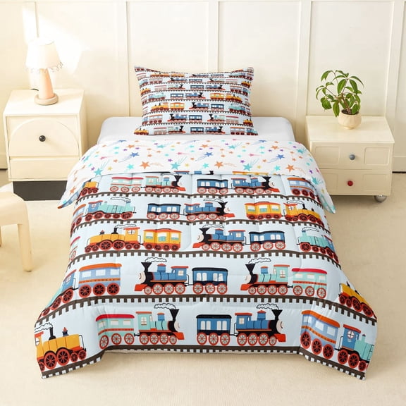 Erosebridal Colorful Railway Car Twin Comforter Sets 3-Piece For Boys,Kids Cartoon Railroad Train Bedding Set,Blue Yellow,Luxury Bedroom Decor