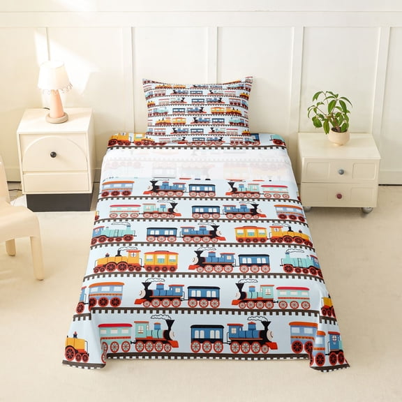 Erosebridal Colorful Railway Car Twin Sheet Sets 3pcs For Boys,Kids Cartoon Railroad Train Bedding,Blue Yellow