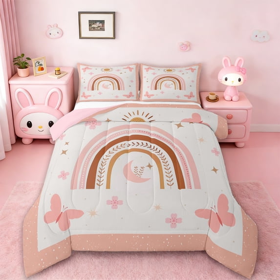 Erosebridal Colorful Rainbow Comforter Sets King Size,Cute Butterfly Comforter Sets King Size,Pink Flower Stars Bedding King Comforter Set For Princess,Microfiber Bedroom Decor Reversible,3pcs