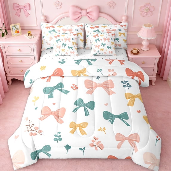 Erosebridal Colorful Ribbon Bow Kids 7pcs Bedding Comforter Set,Watercolor Cute Bowknot Queen Bedding Sets For Girls,Reversible