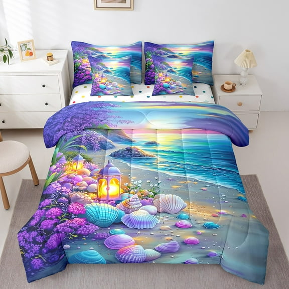 Erosebridal Colorful Seashell Bed in a Bag Full size, Romantic Beach Bed Set, Coastal Marine Decor, Reversible