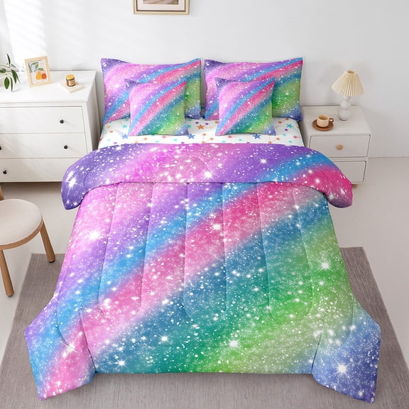 Erosebridal Colorful Sequin Print Bedding Full Size,Gradient Glitter Comforter Sets with Sheets,Rainbow Galaxy Bedding Sets Full Size,Lightweight Bedroom Decoration Reversible,7pcs