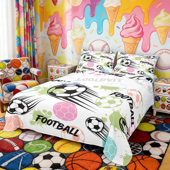 Erosebridal Colorful Soccer Pattern Full Size Sheets, Sport Bed Sheets for Boys and Girls, 4pcs, 1 Flat Sheet, 1 Fitted Sheet and 2 Pillowcases