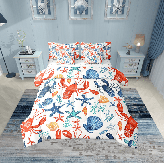 Erosebridal Colorful Starfish Bed in a Bag King size, Red Lobster Bed Set, Marine Seashell Reversible Bedding King Size, Microfiber Bedroom Decoration, 7pcs