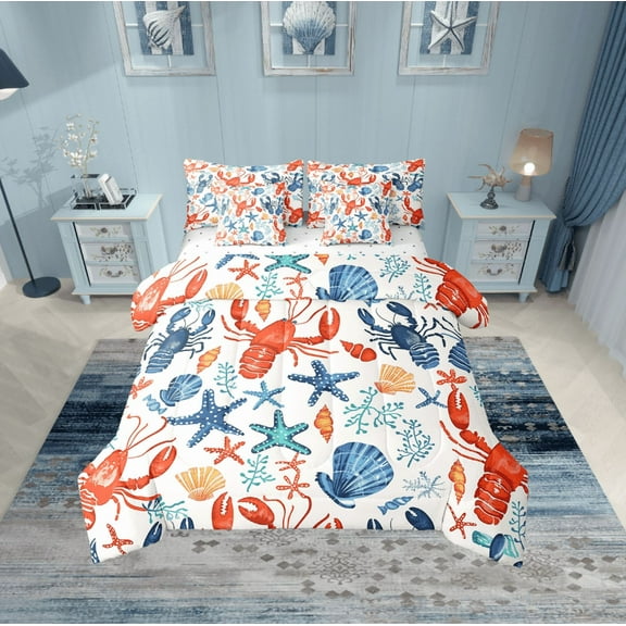 Erosebridal Colorful Starfish Bed in a Bag Twin size, Red Lobster Bed Set, Marine Seashell Reversible Bedding Twin Size, Microfiber Bedroom Decoration, 7pcs