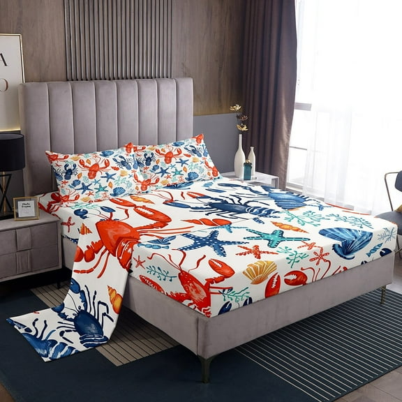 Erosebridal Colorful Starfish Twin Sheet Sets, Red Lobster Bedding Twin Size, Marine Seashell Reversible Bed Sheets Twin, Microfiber Bedroom Decoration, 3pcs
