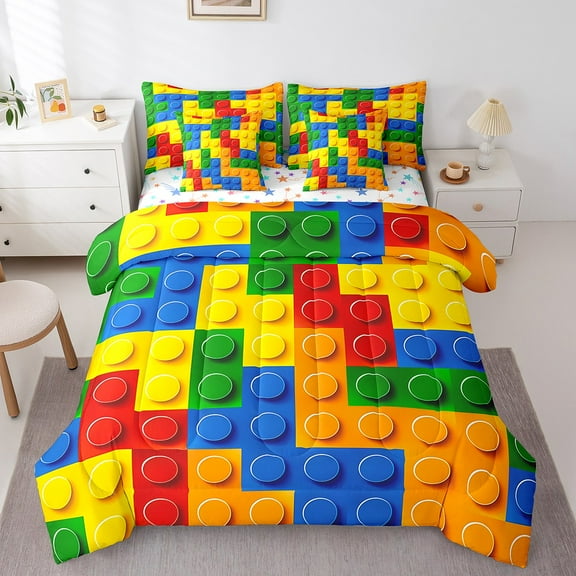 Erosebridal Colorful Toy Bedding Sets Twin Size,Building Blocks Comforter Sets with Sheets,Colorful Brick Bed in a Bag Twin size,Microfiber Game Bedroom Decor,Reversible,7-Piece