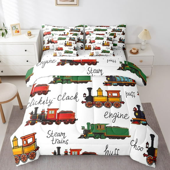 Erosebridal Colorful Train Bedding Sets King Size, Cartoon Steam Engine Comforter Sets with Sheets, Transportation Bedding Accessories Ultra Soft Bedroom Decoration, Reversible 7pcs