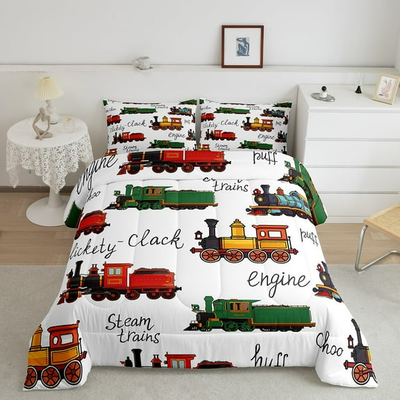 Erosebridal Colorful Train Bedding Sets Twin with Comforter, Cartoon Steam Engine Duvet Insert, Transportation Comforter Sets Twin Size Ultra Soft Bedroom Decoration, 2pcs