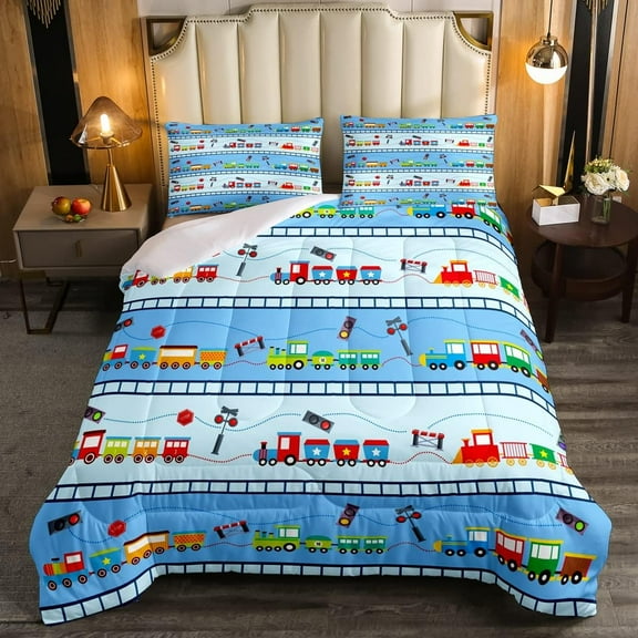 Erosebridal Colorful Train Duvet Insert Twin, Cartoon Multicolor Vehicles Bedding Set Bedroom Decor,Toy Car Comforter Set Colored Automobile Duvet Stuffing Rainbow Train Bedroom Decor
