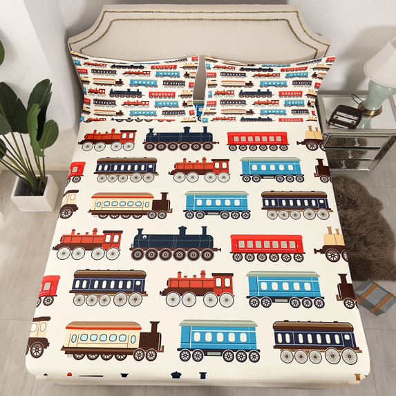 Erosebridal Colorful Train Fitted Sheet Set Queen, Cartoon Car Fitted Sheet Queen, Vehicle Decoration 3pcs