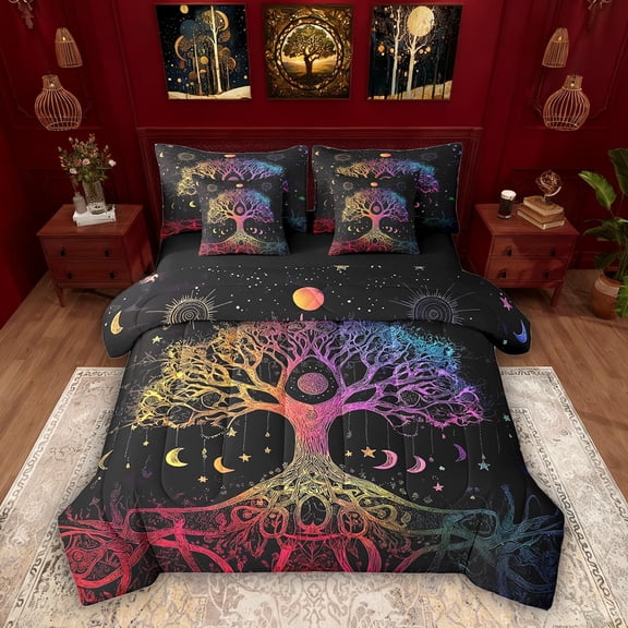 Erosebridal Colorful Tree of Life Twin Bedding Sets, Moon Phase Stars Bedding Comforter Set, Black Reversible, 7pcs