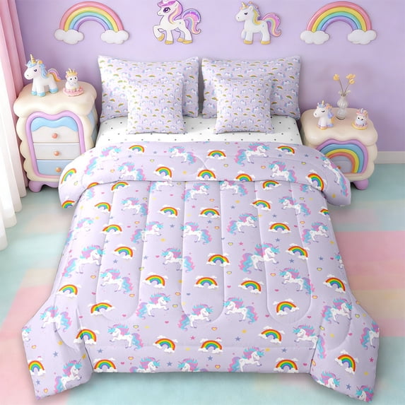 Erosebridal Colorful Unicorn Animal 7-Piece Twin Bedding Sets,Kawaii Rainbow Cute Stars Print Bedding Comforter Set For Kids,Reversible