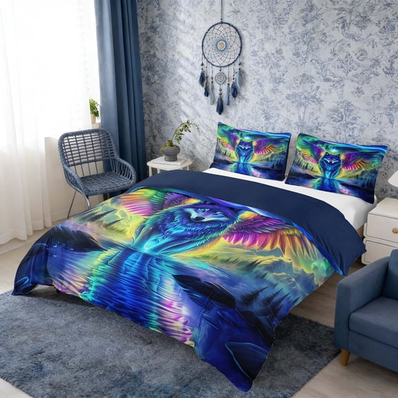 Erosebridal Colorful Winged Wolf Aurora Print Duvet Cover Set, Mystical Wildlife Bedding Full for Men and Women, Navy Reversible 3pcs, 1 Duvet Cover and 2 Pillowcases