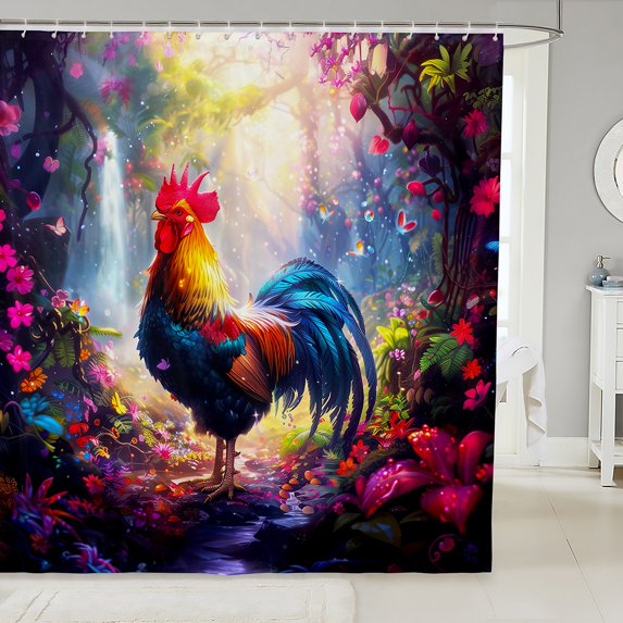 Erosebridal Colroful Rooster Shower Curtain 72x72, Dreamy Jungle Bath Curtain, Flower Decor, Waterproof