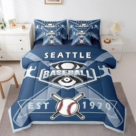 Erosebridal Comforters Twin Size Set with Sheets Baseball Player - 7 Pieces Bed in a Bag Twin Baseball Beddding Sets with Comforter, Sheets, Pillowcases & Shams for Bedroom,Seattle