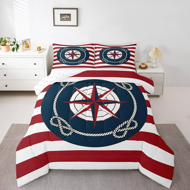 Erosebridal Compass Life Buoy Bedding Comforter Set, Red White Geometric Stripe Down Comforter, Nautical Room Decorative, Reversible 2 Pieces