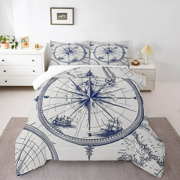Erosebridal Compass Print Comforter Set King Size Ocean Nautical Themed Bedding Set Geometric Circles Pattern Comforter Coastal Sea Adventure Quilt Set