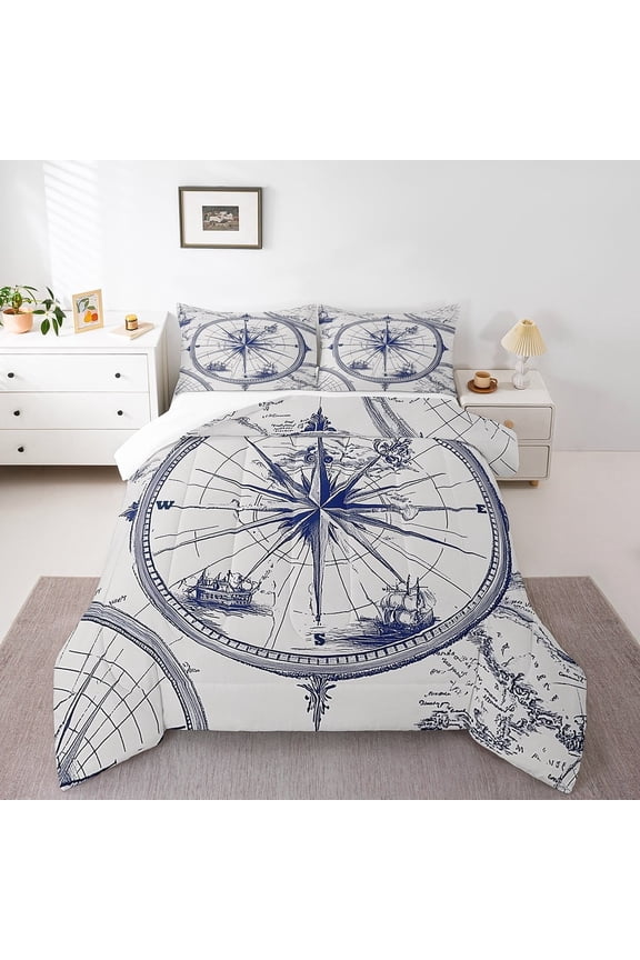 Compass Print Comforter Set King Size Ocean Nautical Themed Bedding Set Geometric Circles Pattern Comforter Coastal Sea Adventure Quilt Set