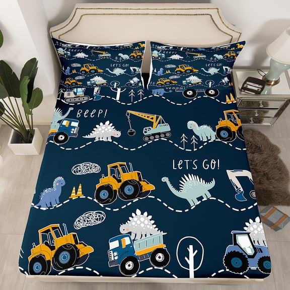 Erosebridal Construction Bed Sheets Queen Dinosaur Fitted Sheet Tractor Truck Bedding Set Cartoon Cars Bed Set Cute Dino Excavator Sheets 2 Pillow Cases Navy Blue