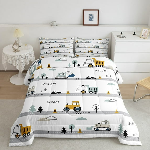 Erosebridal Construction Comforter Excavator Truck Bedding Sets Queen,Cartoon Vehicle Cars Bed Set Tractor Quilt Yellow Blue White Bedroom Decor (1 Comforter And 1 Pillow Case)