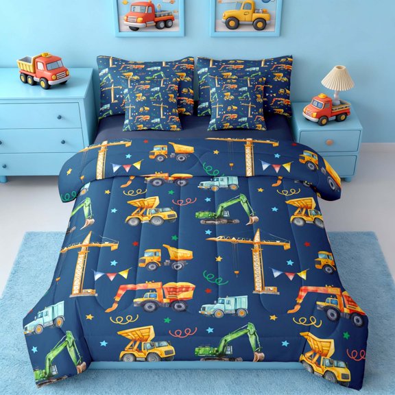 Erosebridal Construction Crane Vehicle Twin Bedding Sets for Boys and Girls, Orange Green Blue Watercolor Bedding Comforter Set, Navy Reversible, 7pcs