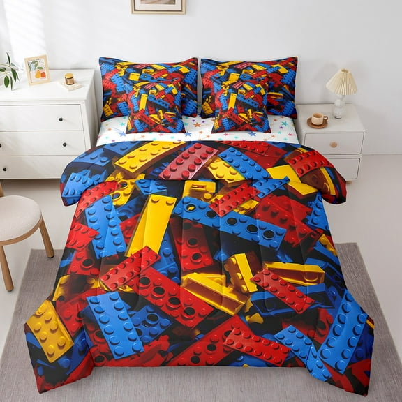 Erosebridal Construction Game Bedding Sets Twin Size,Colorful Toy Comforter Sets with Sheets,Building Blocks Bed in a Bag Twin size,Breathable Brick Room Decor,Reversible,7-Piece