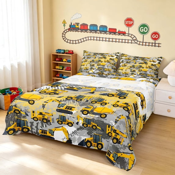 Erosebridal Construction Site King Sheets, Excavator Bedding, Black Yellow 4-Piece (1 Flat Sheet, 1 Fitted Sheet and 2 Pillowcases)