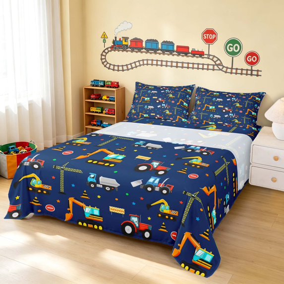 Erosebridal Construction Site King Sheets, Excavator Bedding, Navy Night 4 Pieces (1 Flat Sheet, 1 Fitted Sheet and 2 Pillowcases)