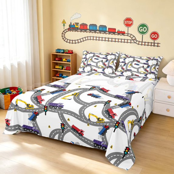 Erosebridal Construction Site Queen Sheets, Excavator Queen Sheet Sets, White Road Map 4pcs (1 Flat Sheet, 1 Fitted Sheet and 2 Pillowcases)