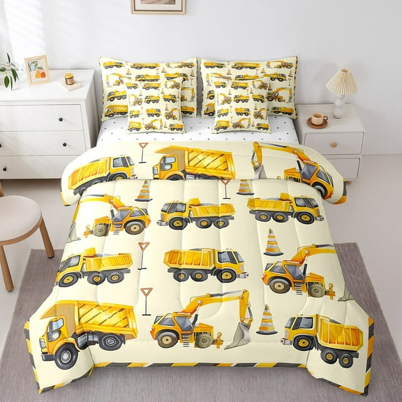 Erosebridal Construction Truck Bedding Sets, Cartoon Car Comforter Sets with Sheets, Tractor Reversible Bed Sheets Set, Microfiber Room Decorative, 7 Pieces